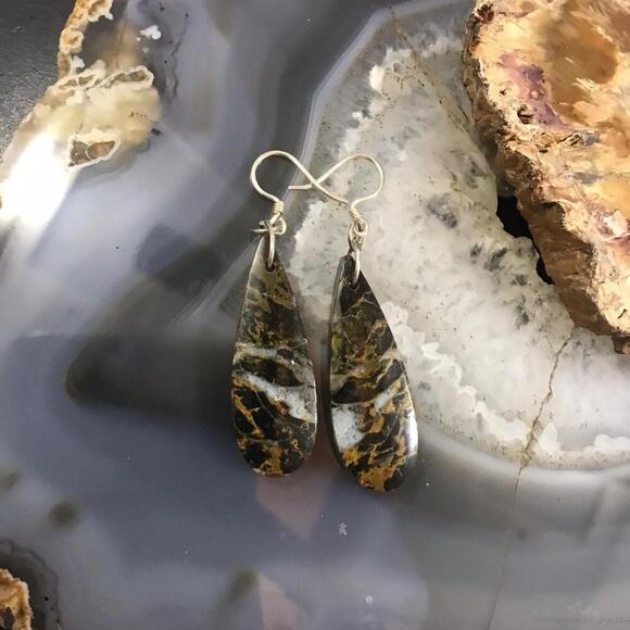 Sterling Silver Elongated Teardrop Black Mizone Slab Dangle Earrings #214 - Picture 2 of 10